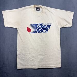 VTG Screen Stars T-Shirt Men's Medium White "The Great Race" Single Stitch 1985